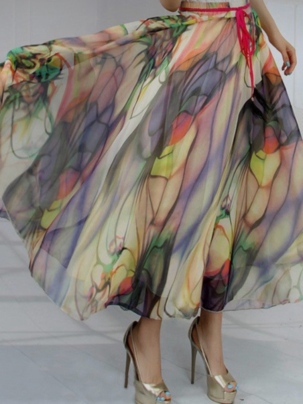 Peacock Multicolor Floral Chiffon maxi Skirt with Pink Lining Fairycore